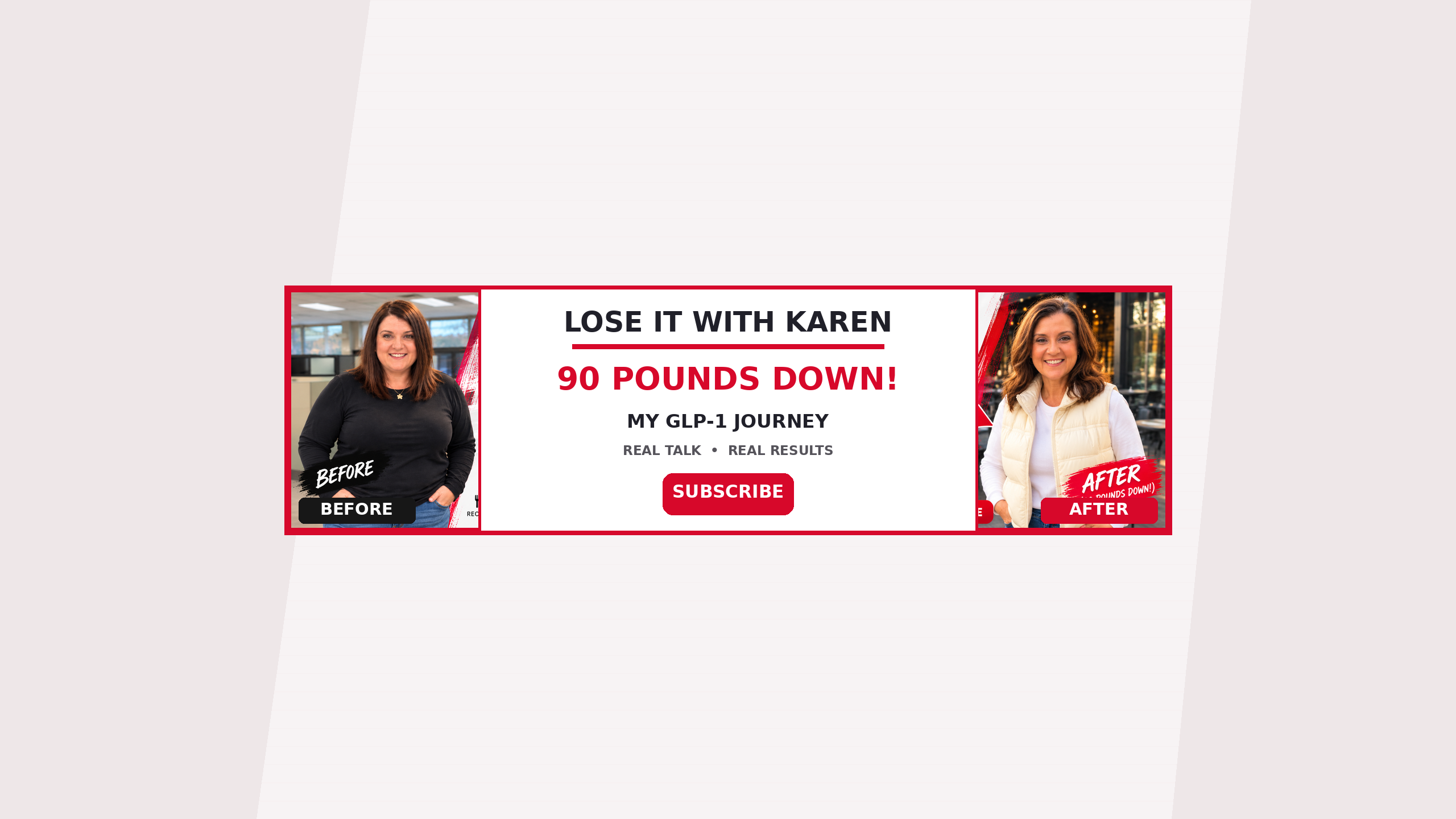 Karen’s before and after channel banner: Lose It with Karen, 90 pounds down