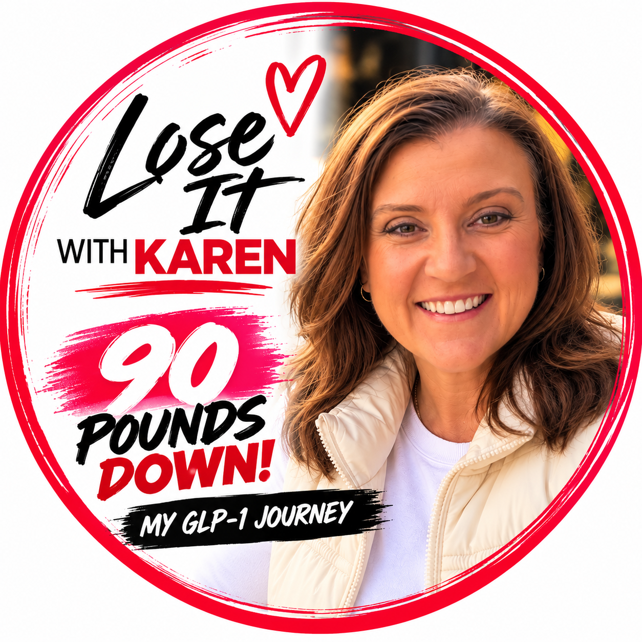 Lose It with Karen branding featuring Karen in a white vest and the words 90 pounds down, my GLP-1 journey